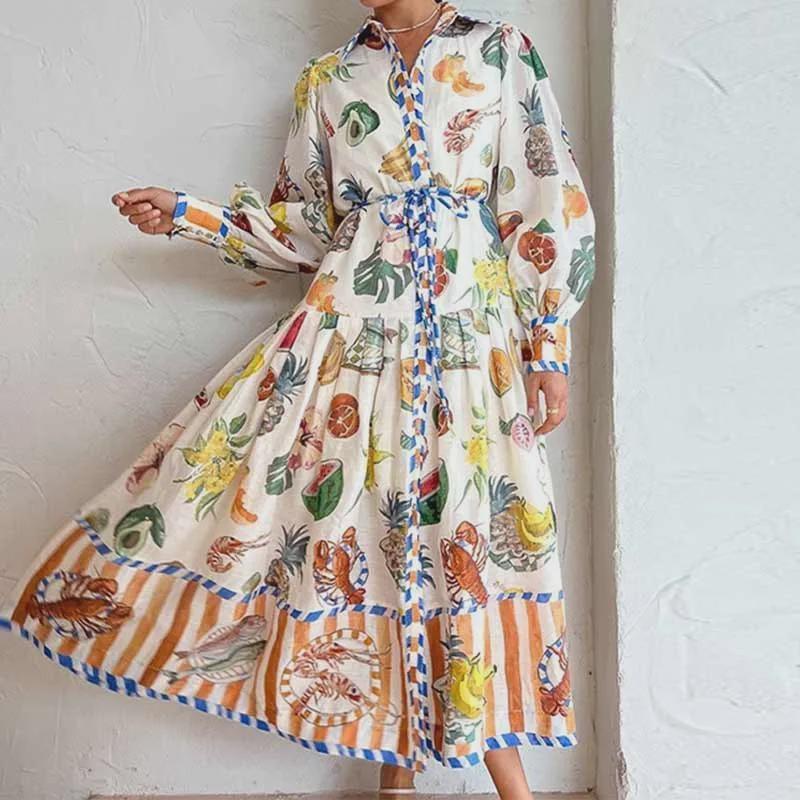 

Vintage Dresses Women Spring Summer New Lapel Full Sashes Print Chiffon Long Dress French Elegant Fashion Vestidos S белый