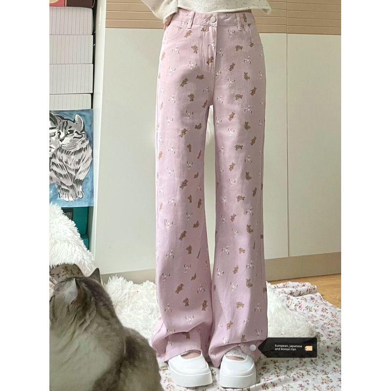 

Dopamine Girls Pink Bear Print Denim Female Summer Plus Size High Waist Loose Wide Legs Bootcut Pants Pink 3XL [Suggested 77.50 kg-87.50 kg]]