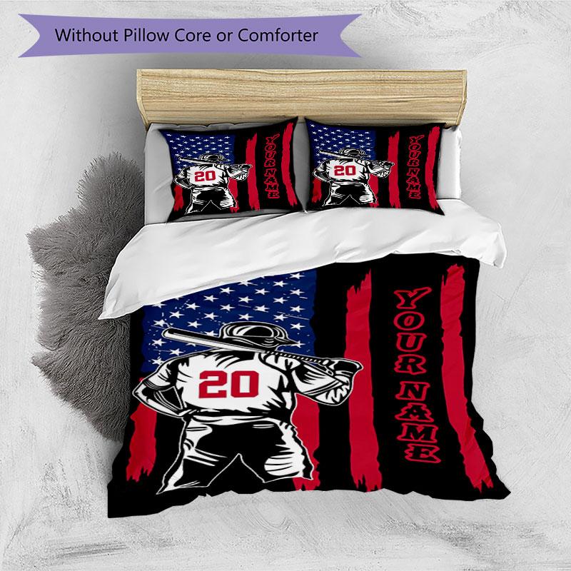 3PC Custom Name Baseball Spirit: USA Pride Bedding Set Printed Bedding Set Duvet Cover Closure Includes 1 Duvet Cover & 2 Pillowcases for All Seasons