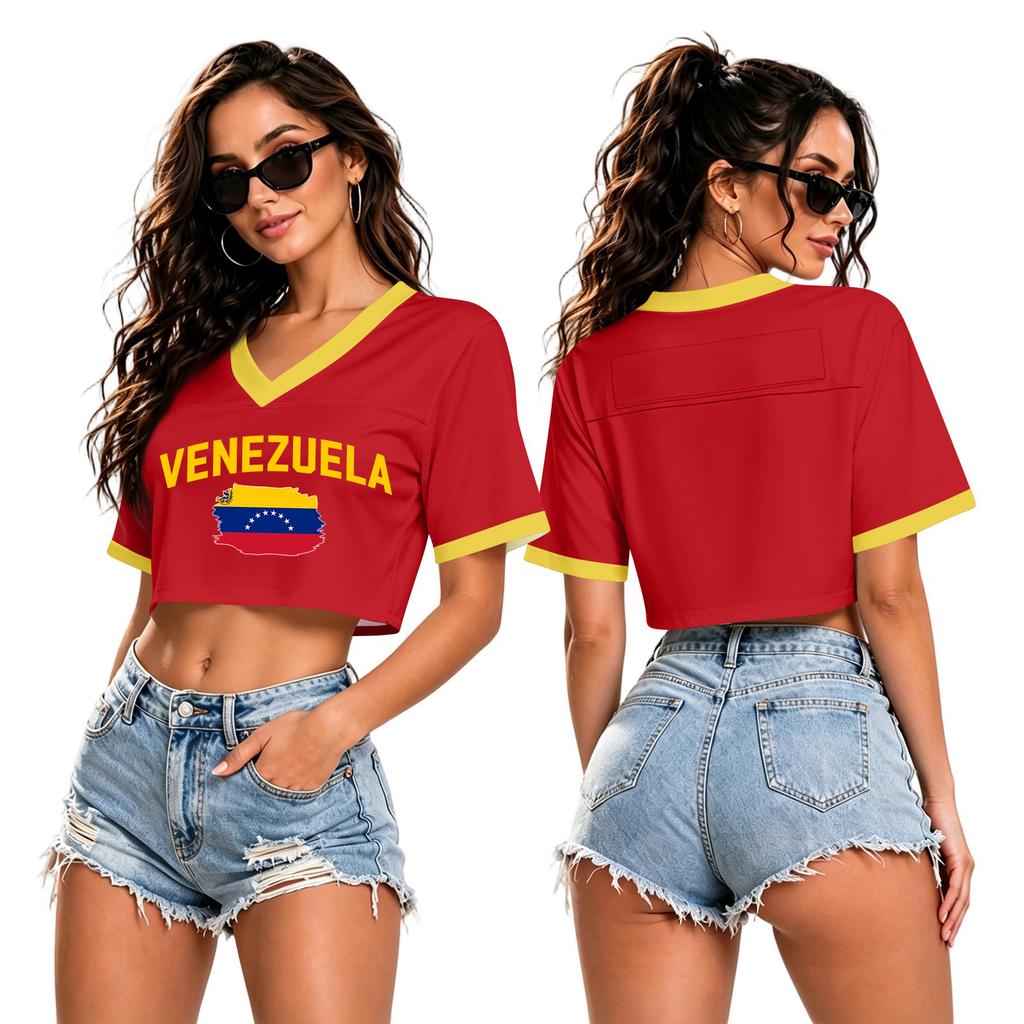 Women's V Neck Crop Top T Shirt Short Sleeve Soccer World Cup Printed Tee Argentina Netherlands Germany Venezuela Jamaica Canada