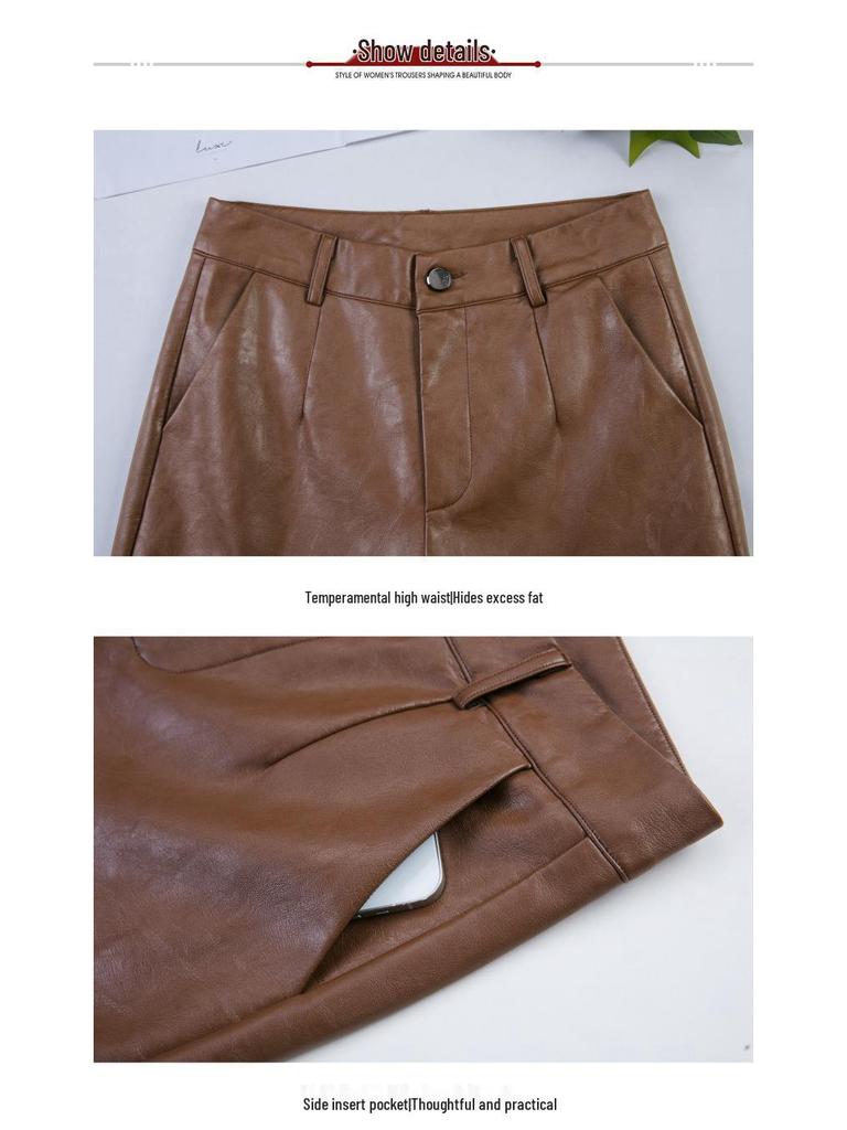 Women's High Waist Sheepskin Straight Leg Leather Pants - Slimming Nine-Point Wide Leg (Autumn/Winter 2025 Collection)