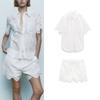 Spring New Polo Collar Short Sleeve Cut Out Embroider Shirt 7578101 White High-Waist Shorts 7575019