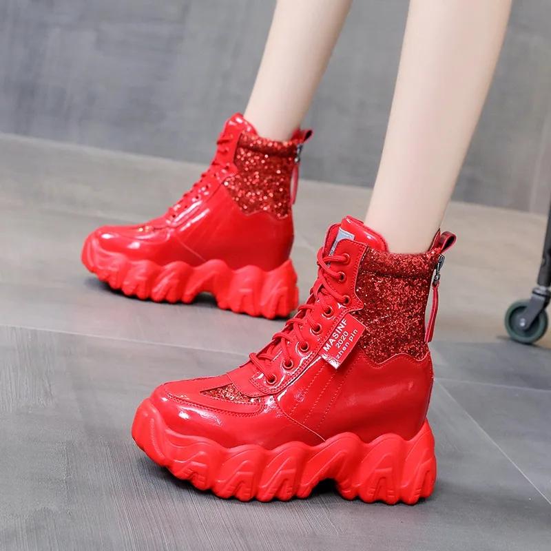Móda 7CM Podzimní Bling Kožené Boty Klínkové Podpatky Dámské Kotníkové Boty Vysoké Šněrovací Platformové Tenisky Zimní Červené Motorkářské Boty Dámské Boty