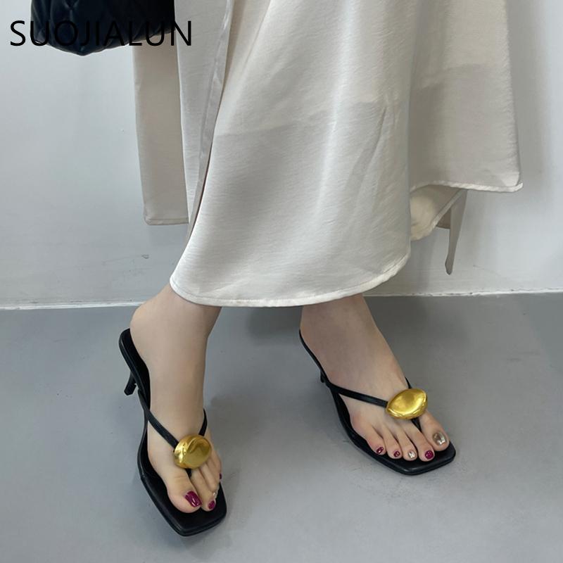 Fashion SUOJIALUN Summer New Brand Women Slipper Fashion Gold Metal Buckle Slip On Ladies Elegant Flip Flop Shoes Thin High Heel Slides
