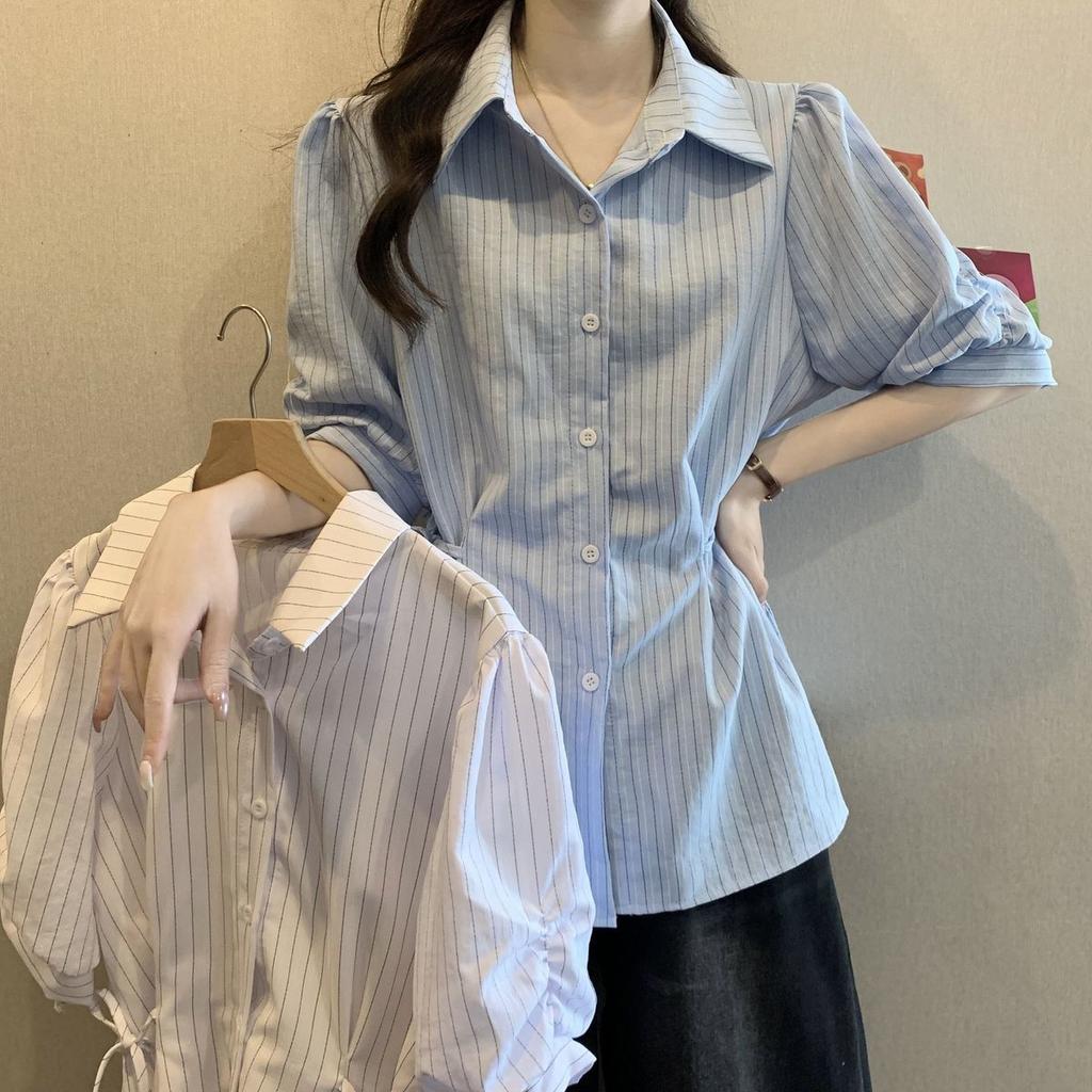 Large Size Women's French Temperament Blue Striped Shirt Summer Short Sleeved Top