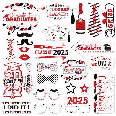 25pcs 2025 Graduation Photo Booth Props Blue Red Gold Diploma Bachelor's Cap Photo Props Class of 2025 Grad Party Decoration