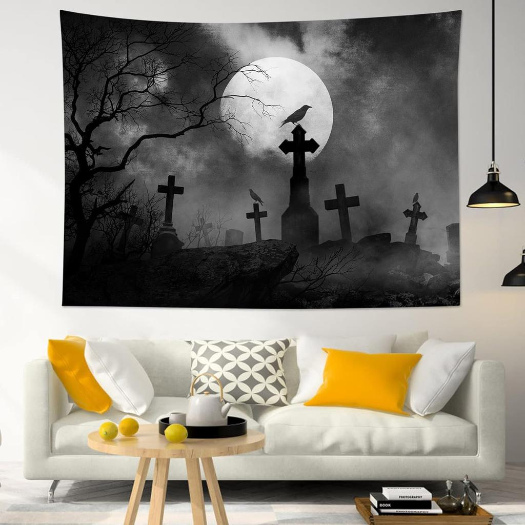 HVEST Halloweenská tapiserie Úplněk Černá vrána Náhrobní kámen Mrtvý strom Tapiserie do ložnice, Strašidelná šedá hřbitovní lesní nástěnná dekorace Deka Domov Svátek