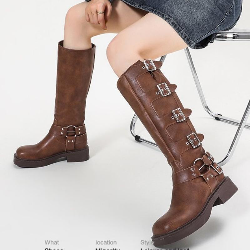 Hot Selling Solid Color New High Quality Style Retro Western Boots Buckle Women's Boots Thick Sole Shoes Zapatos De Mujer