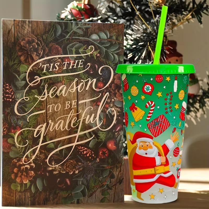 Christmas Color Changing Cup Santa Large Capacity Cold Sensitive Straw Cup Reusable Drinkware Gift for Party Kids and Adults