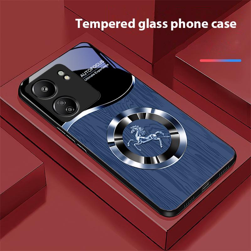 Holzmaserung Pferd Blau Für Xiaomi Redmi 13C Note13 12 Pro Plus 5G Note 9 13T Pro POCO X6 F5 F6 Schwarz Hartglas Handyhülle