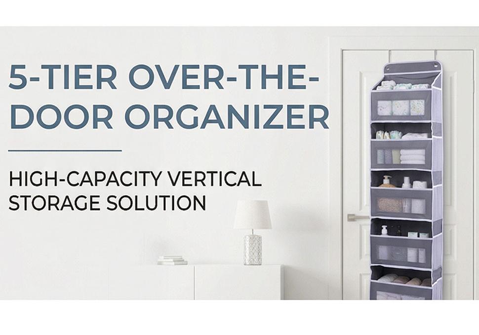 5 Tier Over The Door Organizer Large Capacity Behind Door Storage with 5 Spacious Pockets and 13 Mesh Pockets