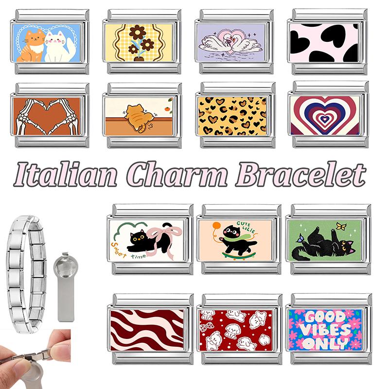 New Creative Design Leopard Heart Flowers Star Ball Cat Italian Charm Links Fit 9mm Stainless Steel Bracelet DIY Making Jewelry