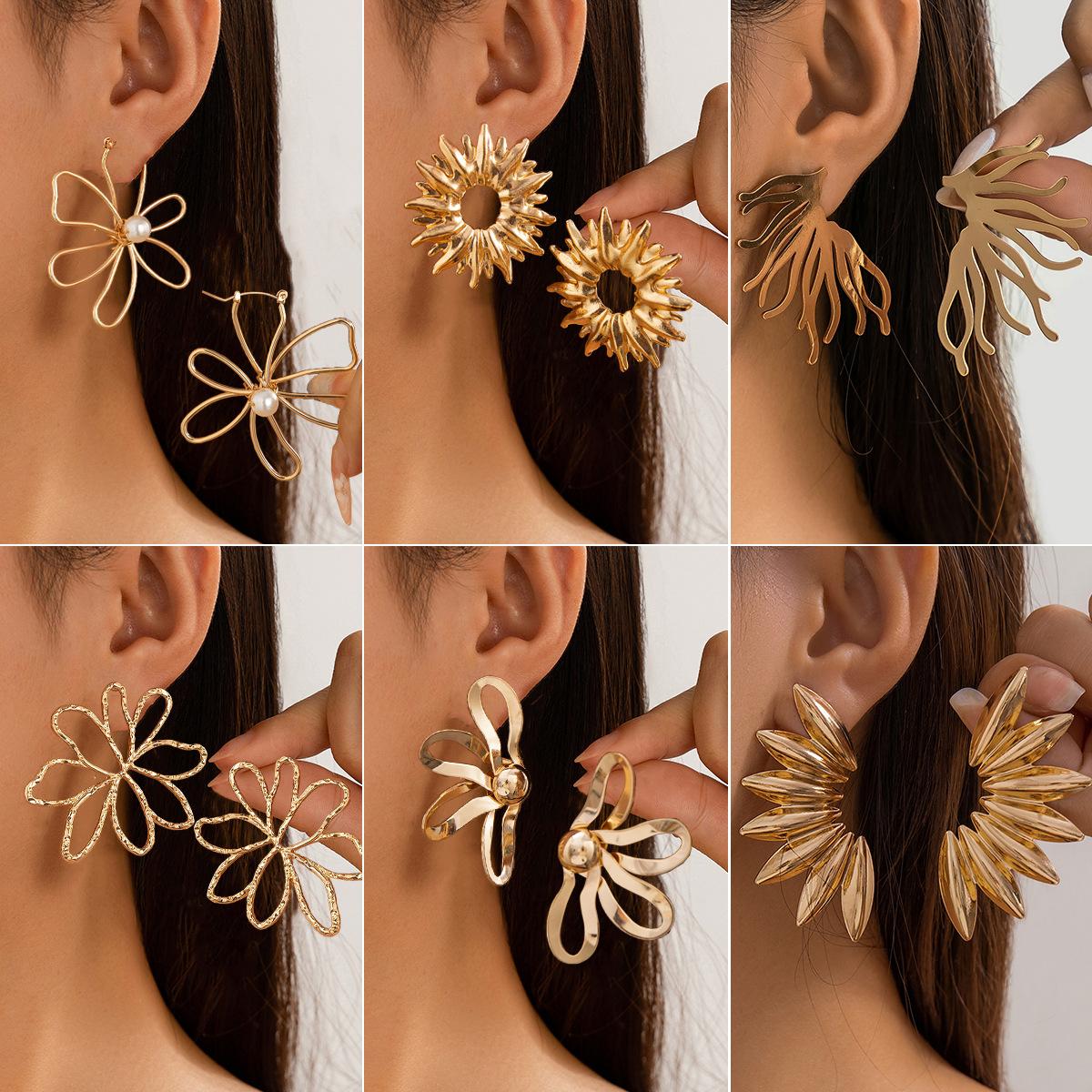 

Popular, imitation pearl retro diamond-encrusted earrings, exaggerated round beads, flower sun earrings, women s style