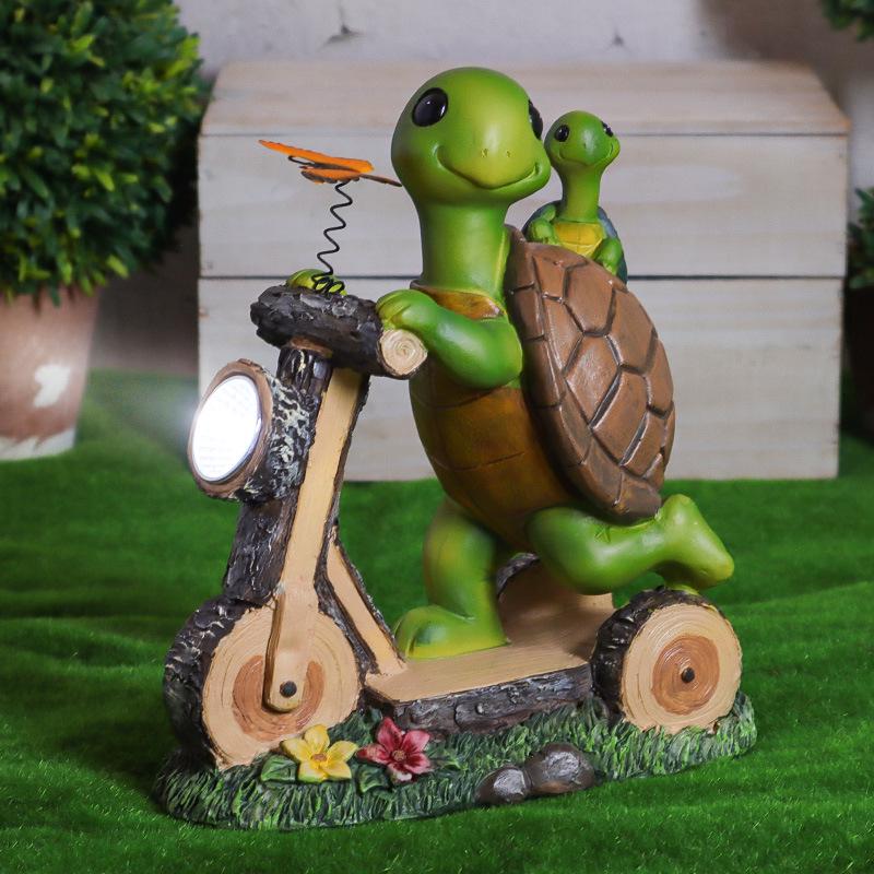 Solar LED Resin Bonsai Turtle On Bicycle Garden Night Light Ornament