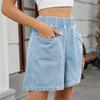 Women's Elastic Waist Wide Leg Short Denim Shorts Loose Fit Casual Three Quarter Denim Bottoms