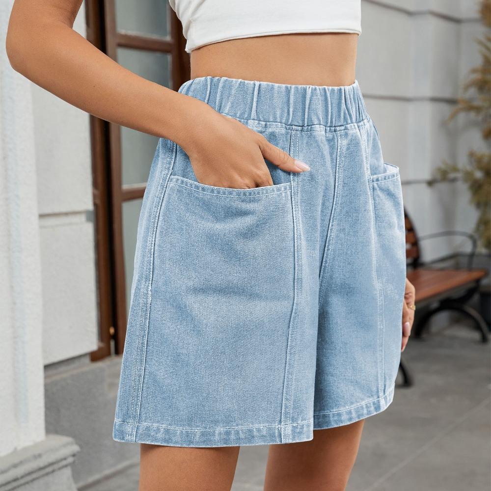 Women's Elastic Waist Wide Leg Short Denim Shorts Loose Fit Casual Three Quarter Denim Bottoms