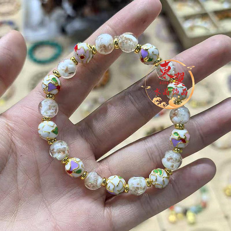 Luminous White Cloisonné Flower Beads Bracelet with Gold Foil