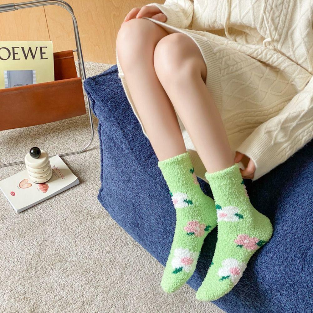 Plush Coral Velvet Socks Printing Sleeping Socks Casual Flower Pattern Socks  Thicken