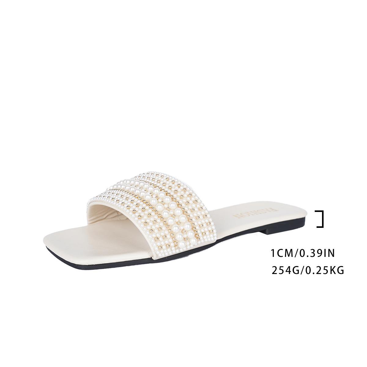 

Жемчужные шлепанцы на плоской подошве, крутые шлепанцы, женские шлепанцы большого размера, женские летние новинки 2025 года, легкие уличные женские шлепанцы 36 белый
