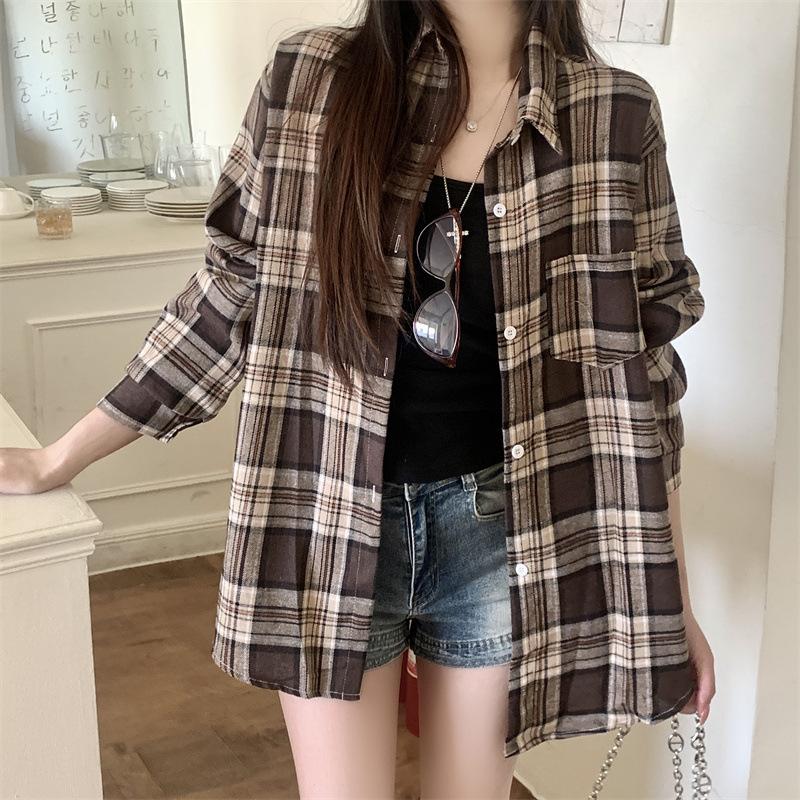 1116 New Spring and Autumn Design Plaid Shirt Jacket Women's New Loose Casual Meat Cover Medium and Long Shirt