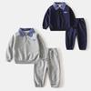 Spring and Autumn Boys' Long-Sleeved Shirt Fake Two-Piece Top Set Baby Boy Casual Solid Color Long Pants Children's Two-Piece Set