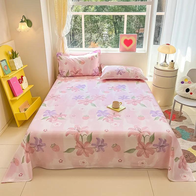 Botanical Floral Flat Sheet Twin Queen Garden Flower Bed Sheet Set Soft Cotton Pastoral Wildflowers Bed Cover with 2 Pillowcases