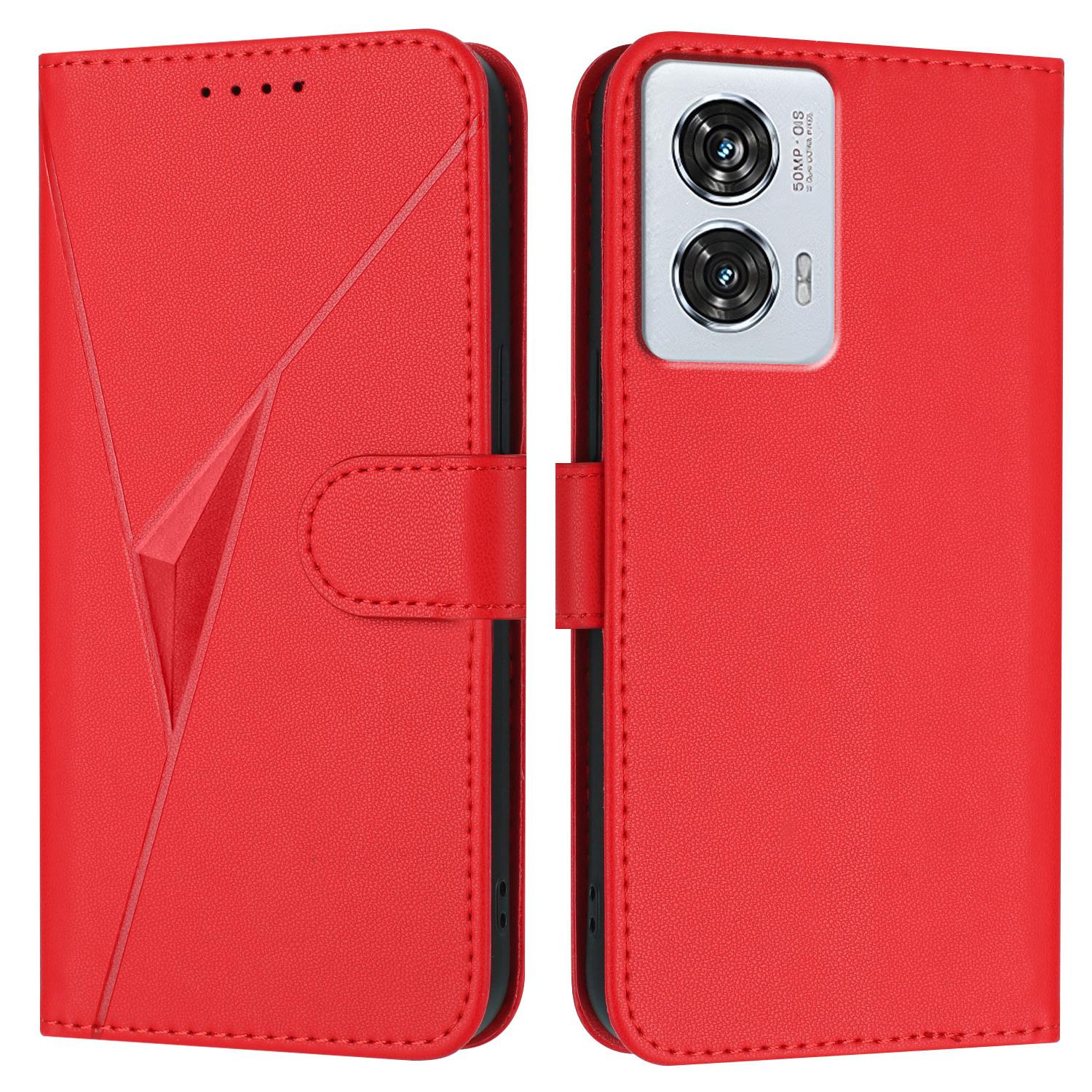 

YX0090 For Motorola Edge 50 Fusion 5G Case Triangle Imprint Leather Phone Cover with Lanyard Red