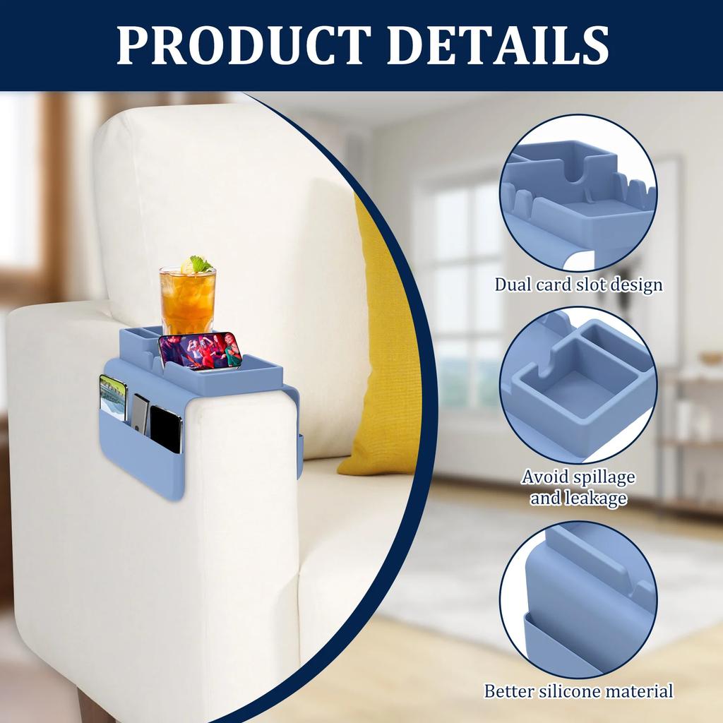 Sofa Armrest Tray Silicone Sofa Armrest Rest Shelf with Side Pocket Dual Slot Anti-Slip Sofa Cup Holder for Remote Control Snack