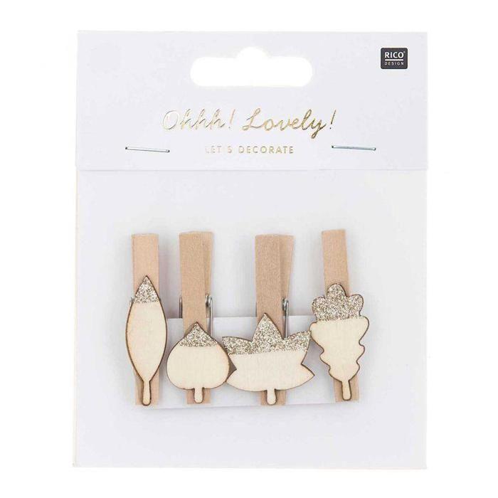 8 pinces clip en bois feuilles argentées