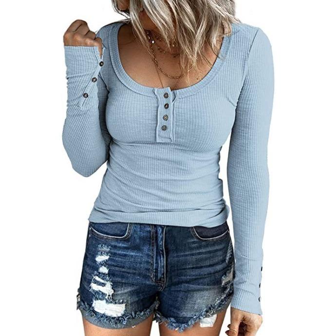 IHUASU Autumn Women's Button-down Vest Color V-neck Long Sleeve T-shirt Top