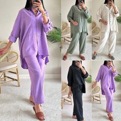 Summer Fashion Women's Elegant Cotton Hemp Collar Single Breasted Loose Commuter Wide Leg Pants Two Piece Set