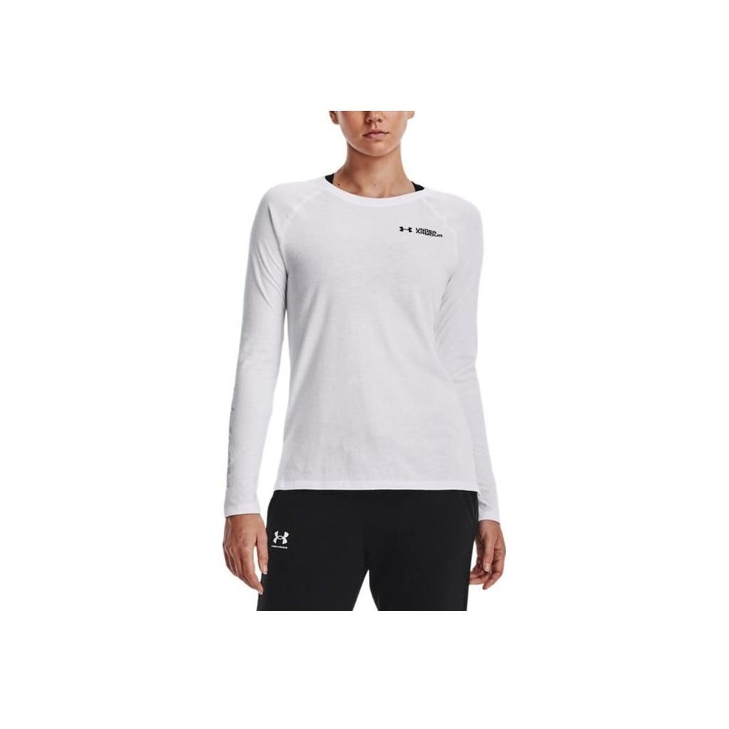Under Armour Script Wordmark Solid Logo Print Crew Neck Long Sleeve T-Shirt Women Tops White 1374188-100