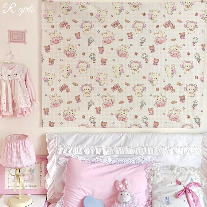 Cute Cartoon Bear Tapestry Pink Striped Wall Hanging for Kawaii Bedroom Decor Background Cloth