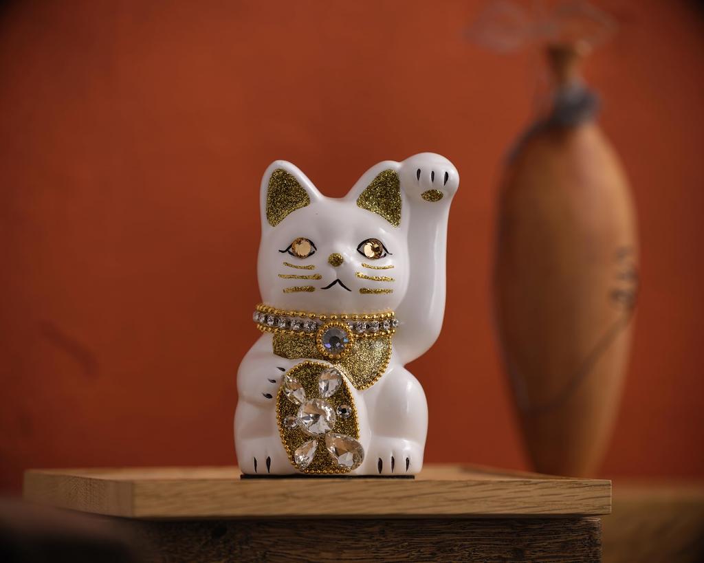 Glückskatze Schmuck Katze Linke Pfote erhoben Keramik Glückskatze Glücksbringer Feng Shui Ornament (S-SIZE Weiß) / _ Glückskatze (jw_S Weiß)