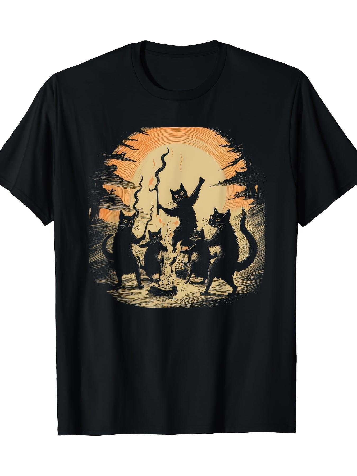 Halloween T-shirt - Spooky Black Cats Dancing Around Bonfire Graphic Tee - Soft Breathable Cotton Shirt for Costume Parties S
