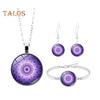 1 Set Women Jewelry Set Flower Print Glass Pendant Vintage Ethnic Style Prom Party Earrings Necklace Bracelet Combo Ideal Christmas Gift