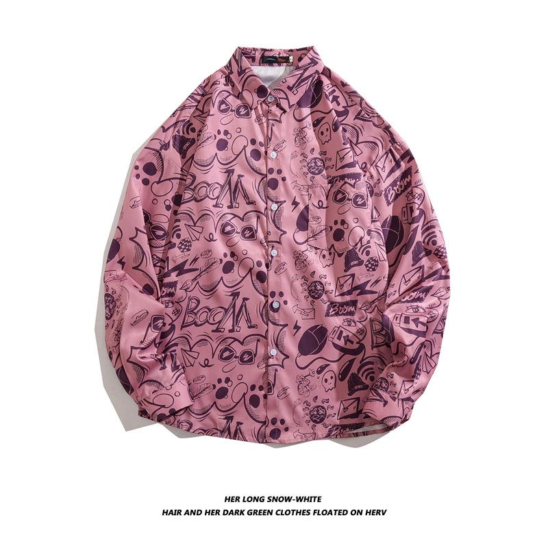 Men's Long-Sleeve Loose-Fit Shirt - Autumn/Summer Korean Style with Trendy Hong Kong Ins Print