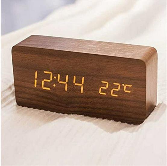 Wooden Sound-Control Luminous LED Alarm Clock with Silent Mode & Temperature Display