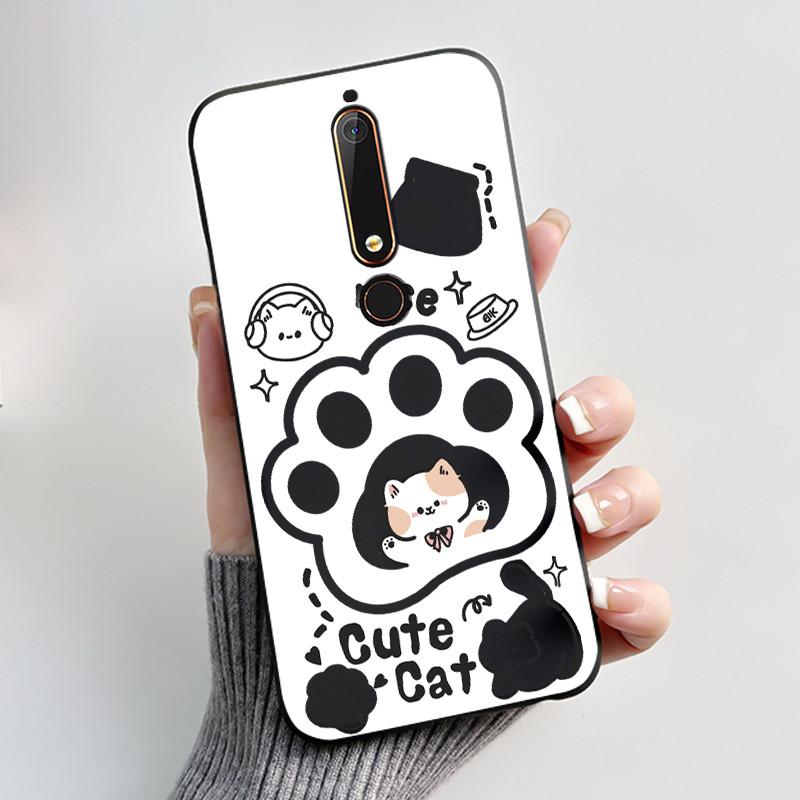 Custodia Per Nokia 6.1 6.1 Plus Custodia Antiurto Estetica Moda Cartone Animato Gatto Carino Nera Gomma Silicone Morbida Cover Bumper Alloggiamento