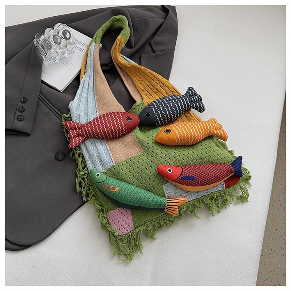 

Fish Hollow Out Weave Bag Large Capacity Tote Bag Foldable Tassels Beach Handbag Beach зелёный