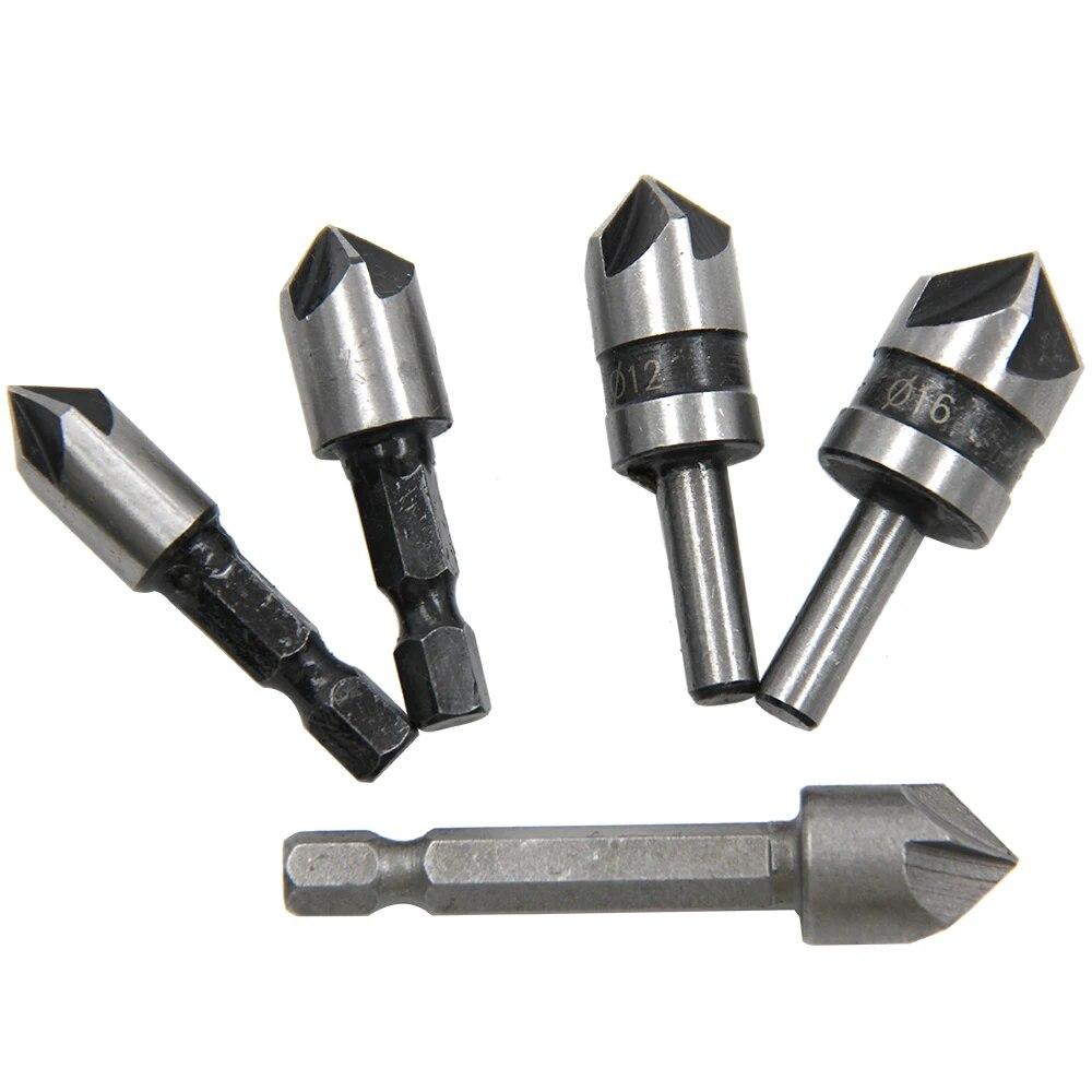 5pc 82 Degree Woodworking Five Edge Chamferer Guide Countersunk Countersink Drill Centering and Hole Opening Tool Set