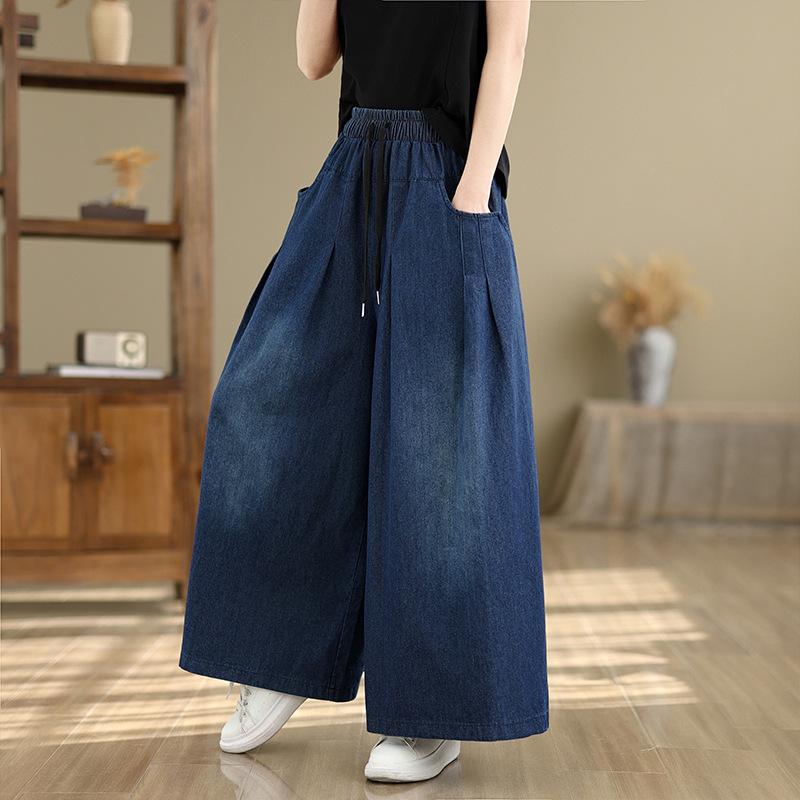 Retro Blue Denim Wide-leg Pants Women's New High-waisted Loose and Thin Large Size Casual Drape Trousers