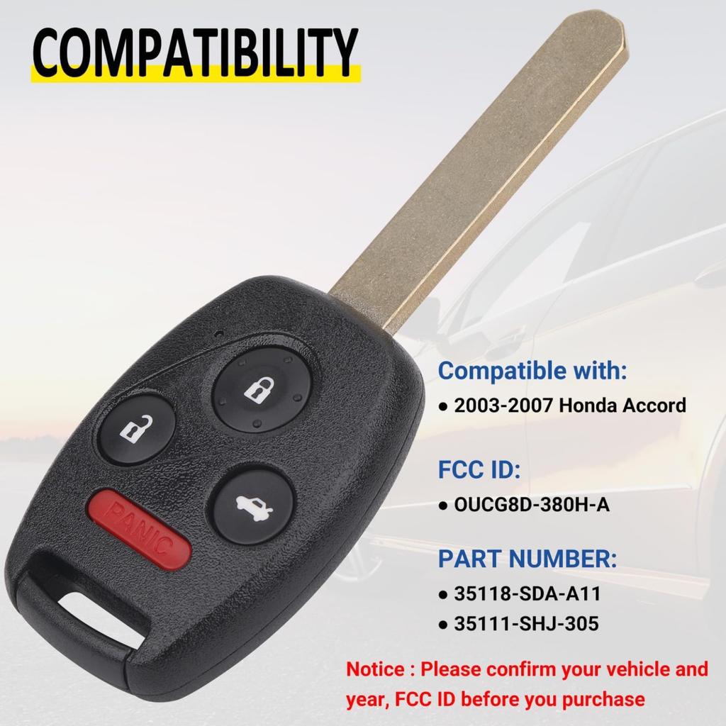 Keyless Entry Remote Control Uncut Car Ignition Key Fob Compatible with Honda Accord 2003-2007, Replacement for OUCG8D-380H-A, 4 Button