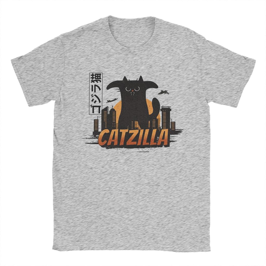 Herren T-Shirts Lustig Vintage Katze Catzilla König des Monsters Vintage Reine Baumwolle T-Shirts Kurzarm T-Shirts Rundhals Tops Geschenkidee