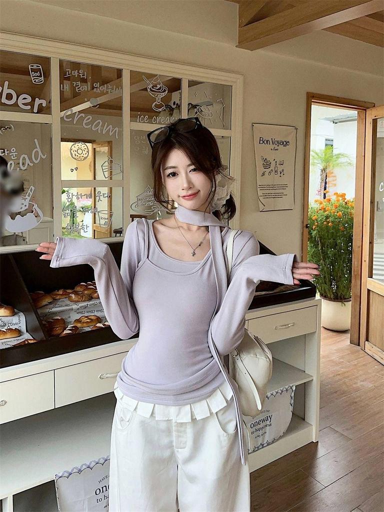 Women's Spring Wind Collar Long-Sleeve Ribbon Two-Piece Design T-Shirt