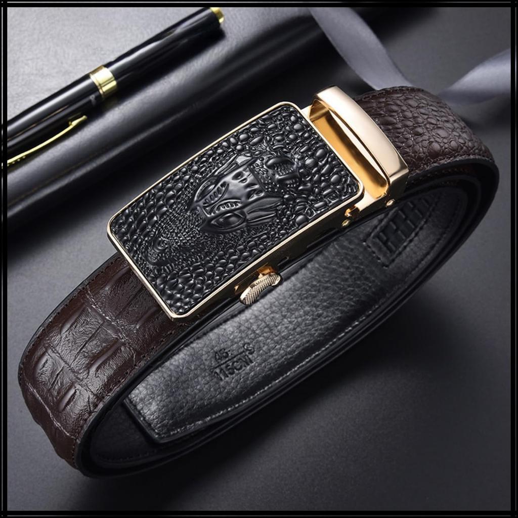 [White Fang] Belt, Automatic Buckle, Genuine Leather, Crocodile, Business, Simple, Alloy, Formal, Men's BTA500 (Black)