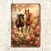 1pc Retro 2D Flat Tin Sign Two Horses in Floral Field 12x8in Vintage Metal Wall Decor for Living Room Kitchen Garden Outdoor