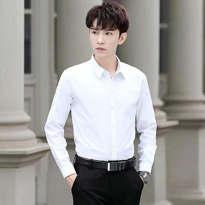 Men's Slim Fit Solid Color Non-Iron Long-Sleeve Korean Shirt for Student Youth - Business Formal Wear