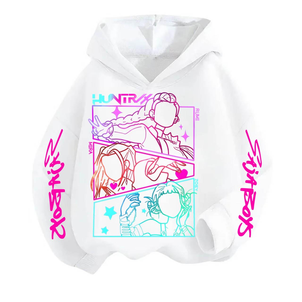 

Осень Зима KPop Охотники на демонов Huntrix Толстовки с принтом Повседневные Теплые Спортивные с длинным рукавом Детские для мальчика и девочки Детские Унисекс Толстовки с капюшоном 130 белый
