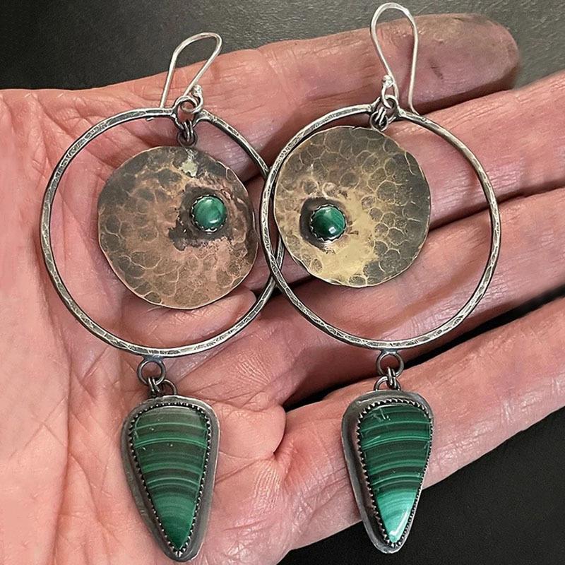 Vintage Copper Color Round Waterdrop Green Stone Hollow Carving Dangle Earrings for Women Jewelry